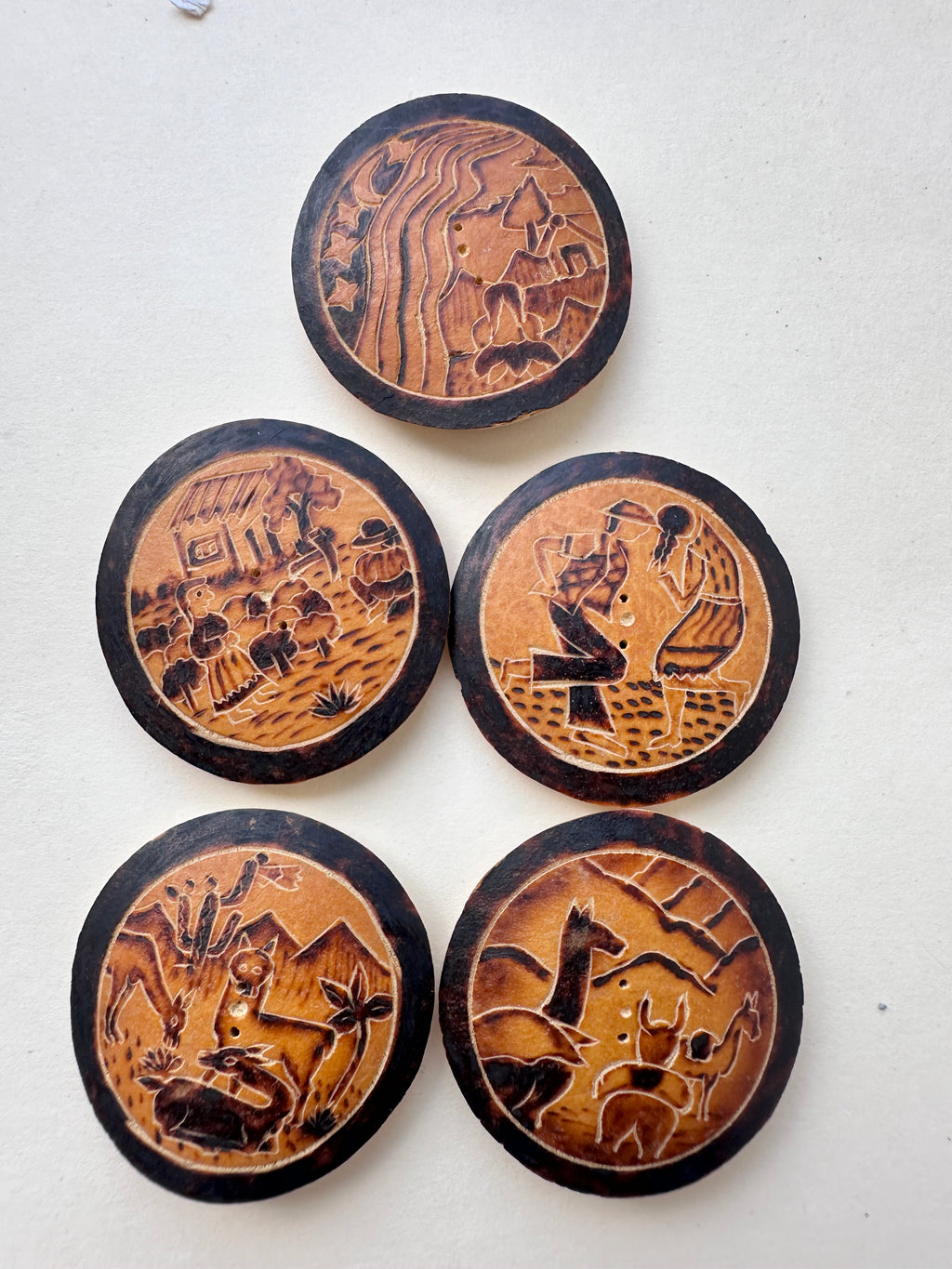 Vintage Carved Pictorial Buttons Set of 5 Scenic Animal Village Designs Estate Find Collectible Sewing Buttons