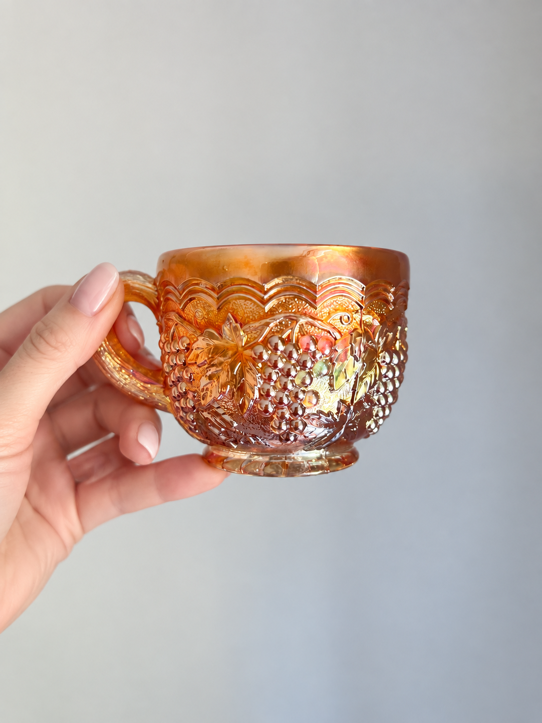 Vintage Amber/orange glass mugs set of 2 grape harvest pattern cups retro pressed glass drinkware mid century kitchen decor