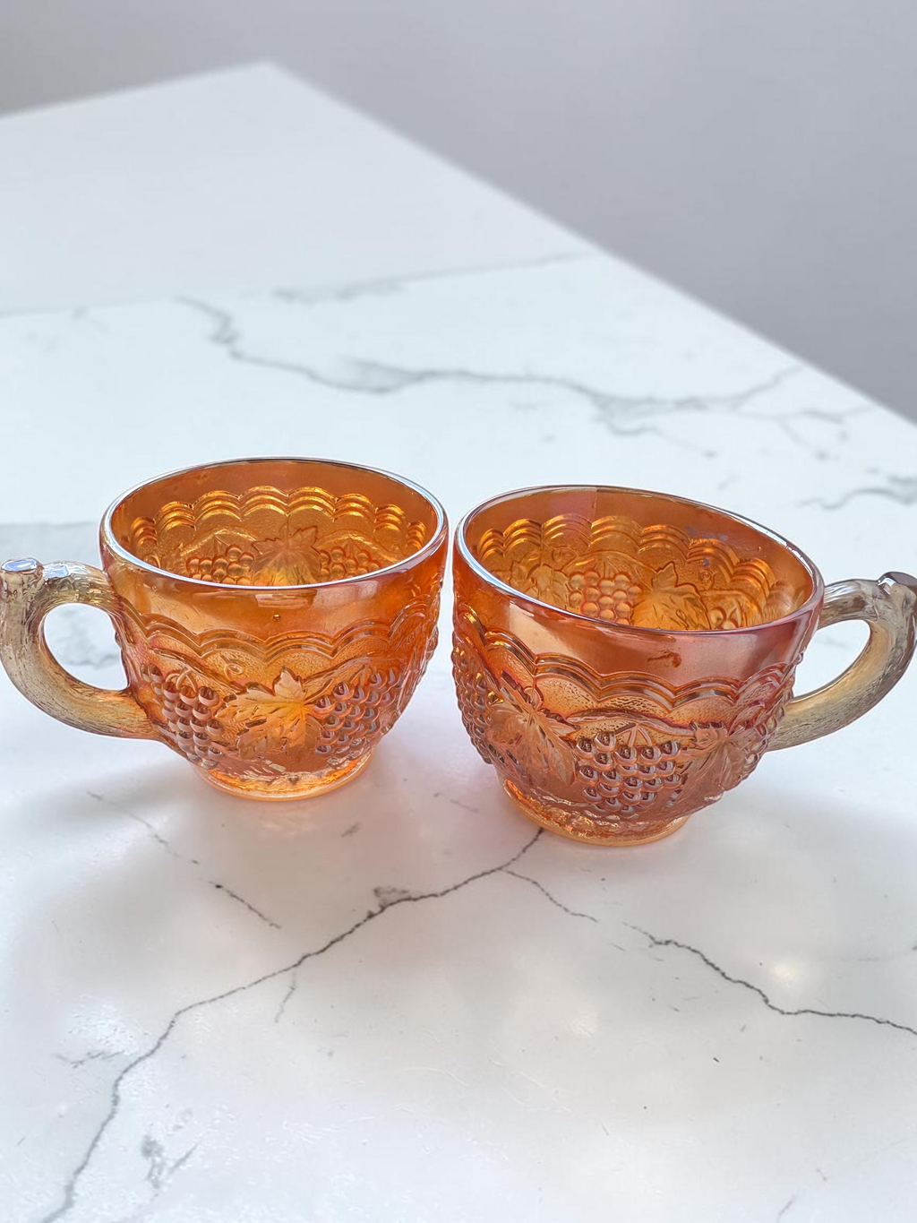 Vintage Amber/orange glass mugs set of 2 grape harvest pattern cups retro pressed glass drinkware mid century kitchen decor