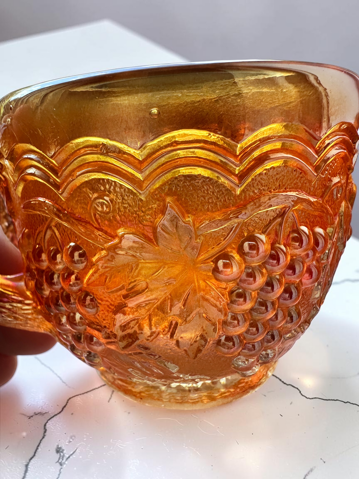 Vintage Amber/orange glass mugs set of 2 grape harvest pattern cups retro pressed glass drinkware mid century kitchen decor