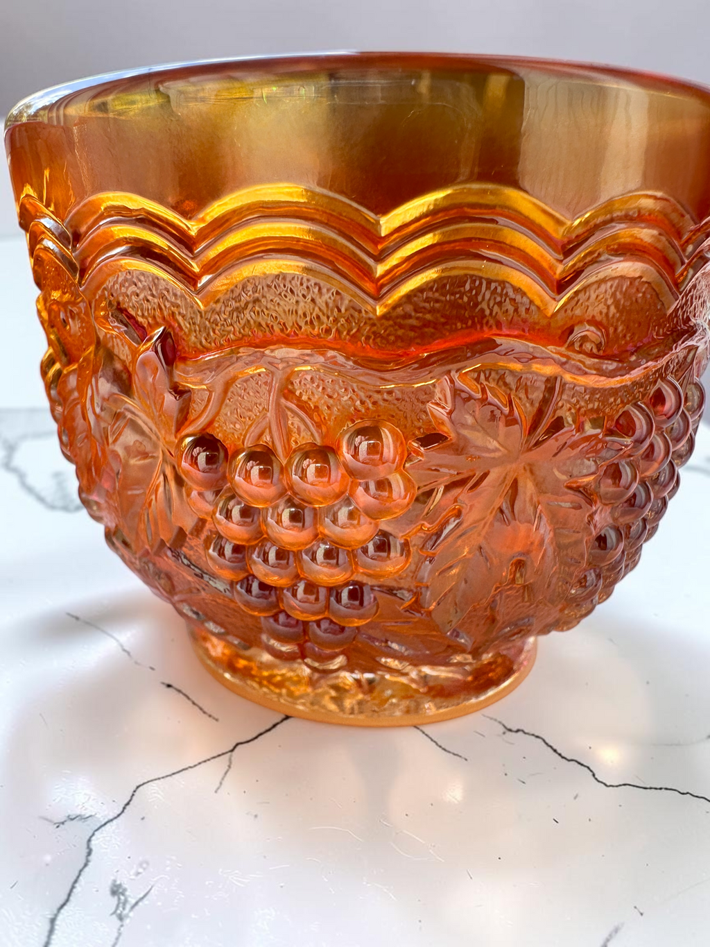 Vintage Amber/orange glass mugs set of 2 grape harvest pattern cups retro pressed glass drinkware mid century kitchen decor