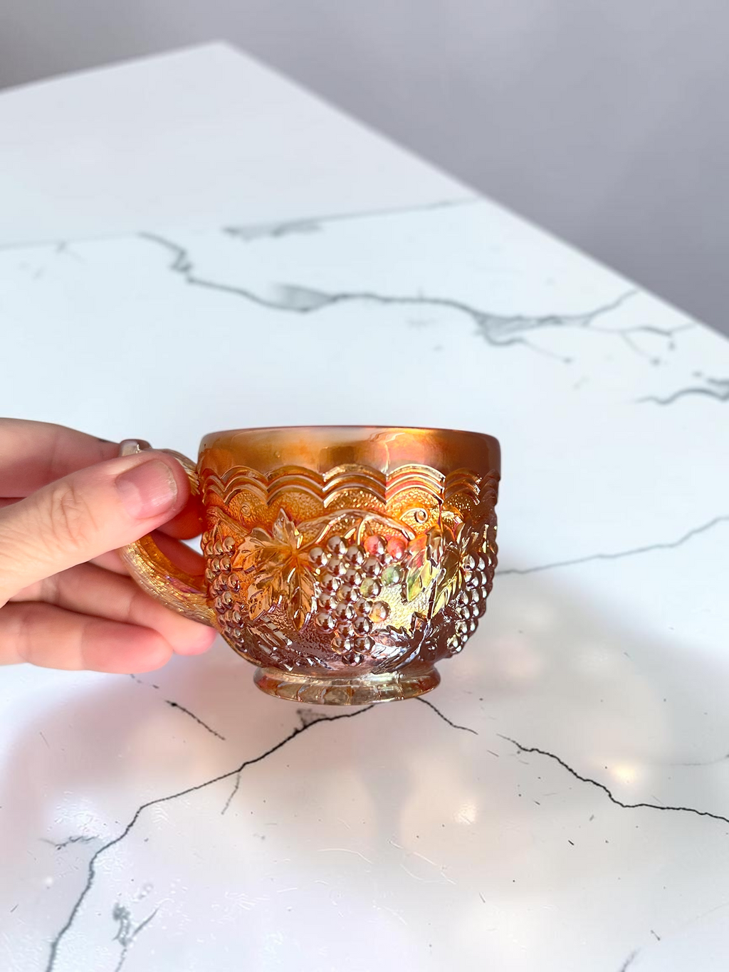 Vintage Amber/orange glass mugs set of 2 grape harvest pattern cups retro pressed glass drinkware mid century kitchen decor