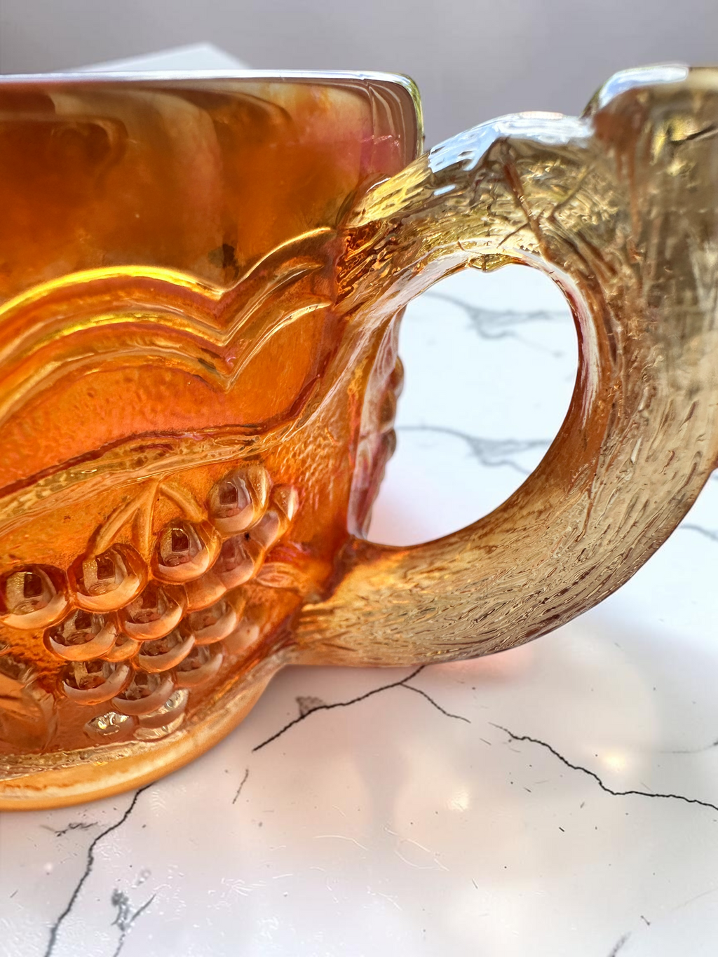 Vintage Amber/orange glass mugs set of 2 grape harvest pattern cups retro pressed glass drinkware mid century kitchen decor