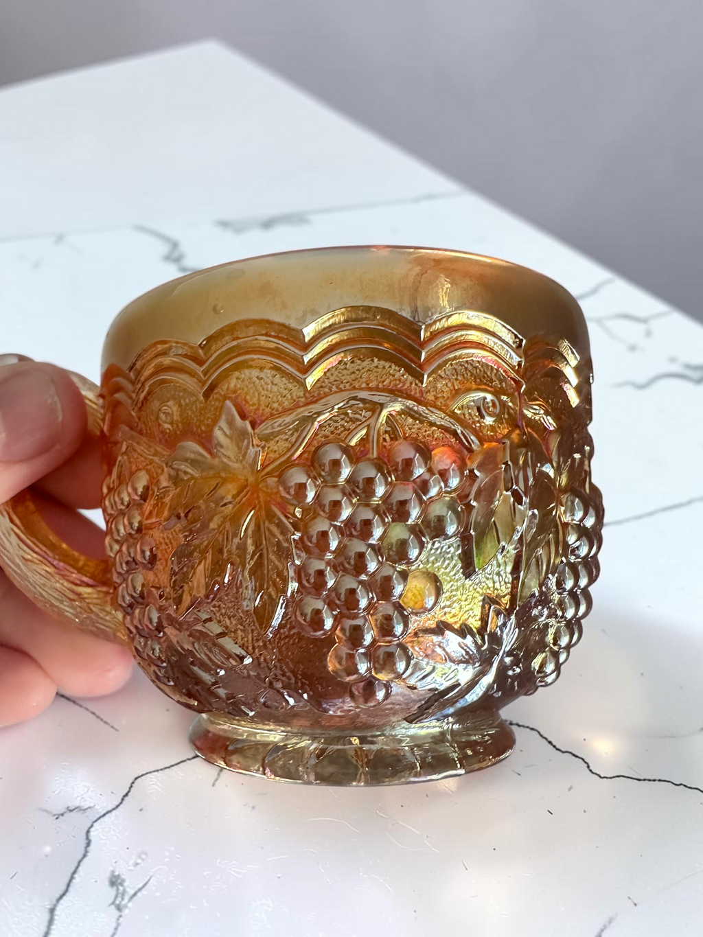 Vintage Amber/orange glass mugs set of 2 grape harvest pattern cups retro pressed glass drinkware mid century kitchen decor