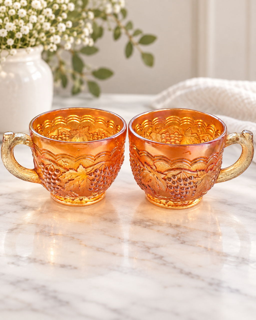 Vintage Amber/orange glass mugs set of 2 grape harvest pattern cups retro pressed glass drinkware mid century kitchen decor