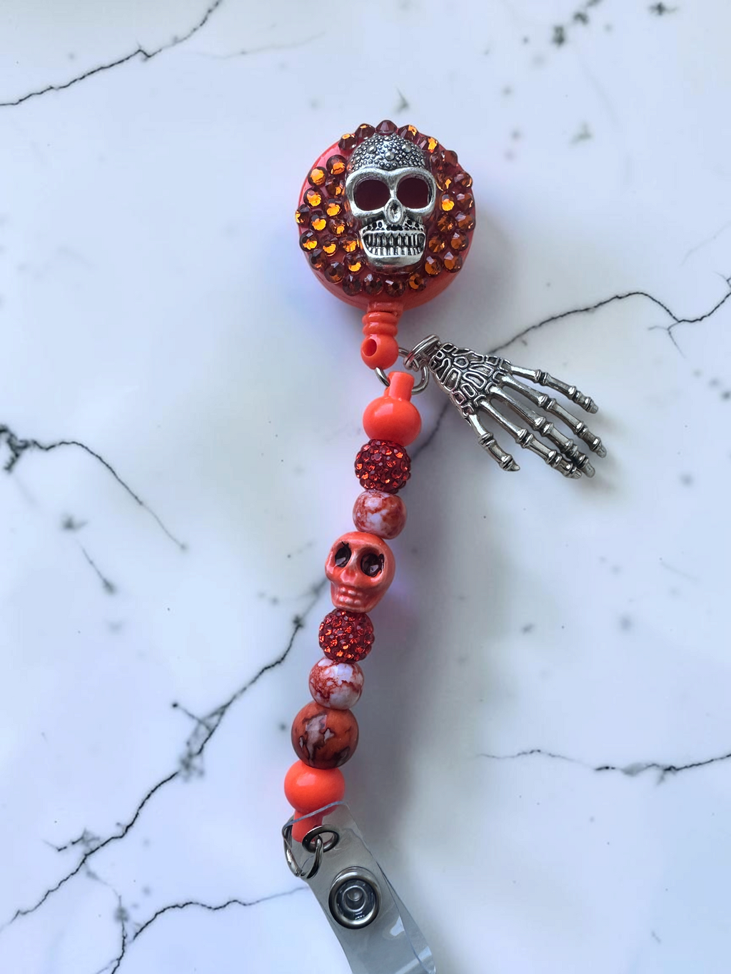Bling Retractable Badge Reel Lanyard, Beaded Skull ID Badge Holder, Evil Eye Badge Clip, Nurse Teacher Office Gift Halloween