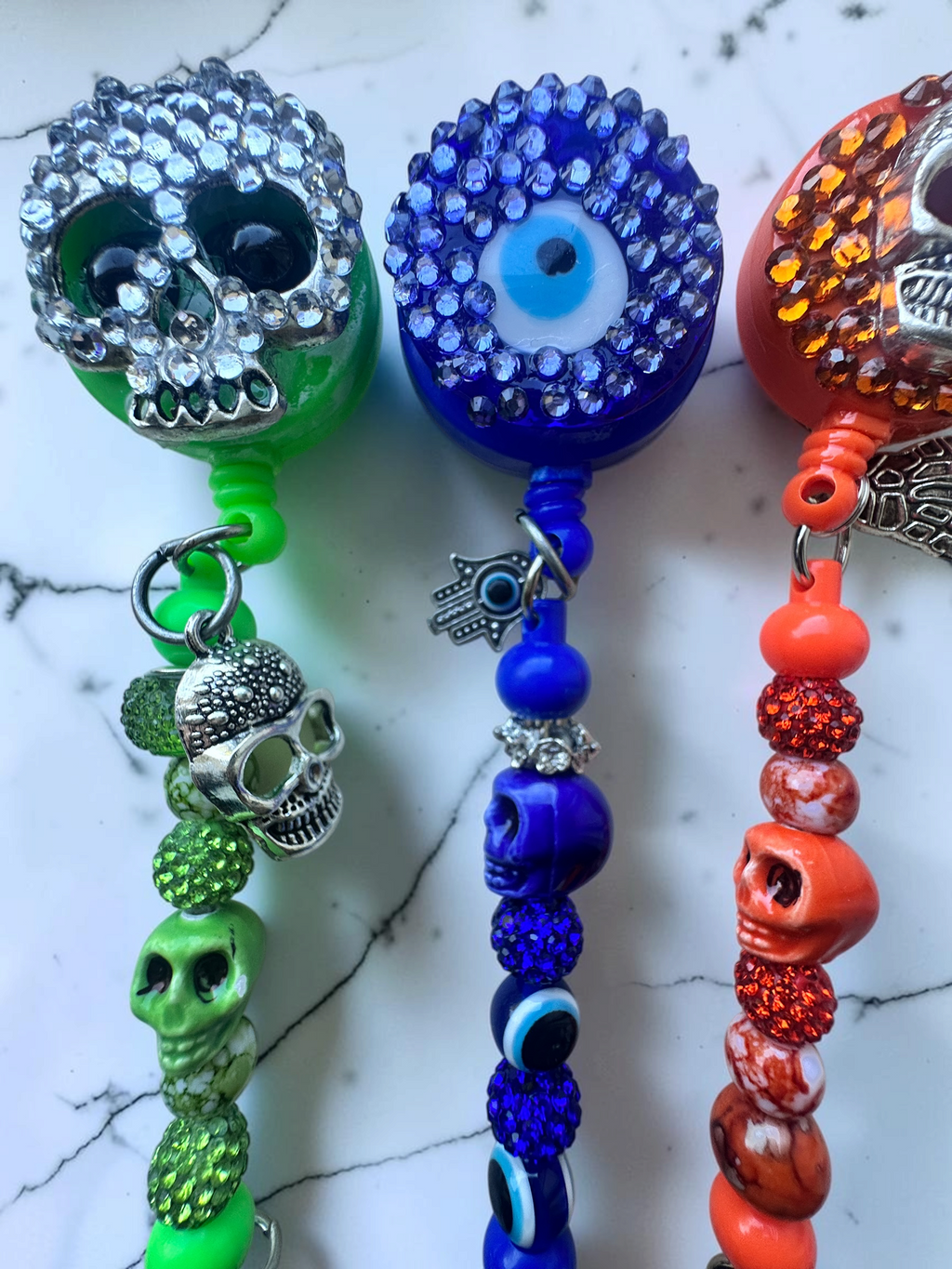 Bling Retractable Badge Reel Lanyard, Beaded Skull ID Badge Holder, Evil Eye Badge Clip, Nurse Teacher Office Gift Halloween