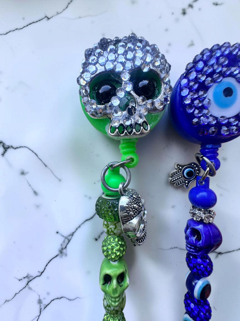 Bling Retractable Badge Reel Lanyard, Beaded Skull ID Badge Holder, Evil Eye Badge Clip, Nurse Teacher Office Gift Halloween