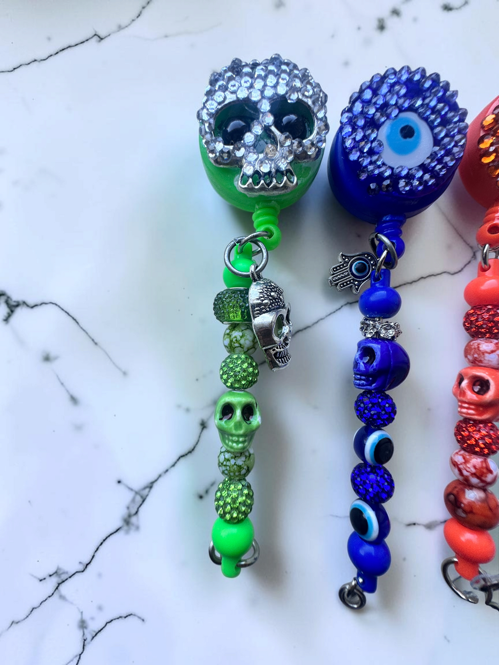 Bling Retractable Badge Reel Lanyard, Beaded Skull ID Badge Holder, Evil Eye Badge Clip, Nurse Teacher Office Gift Halloween