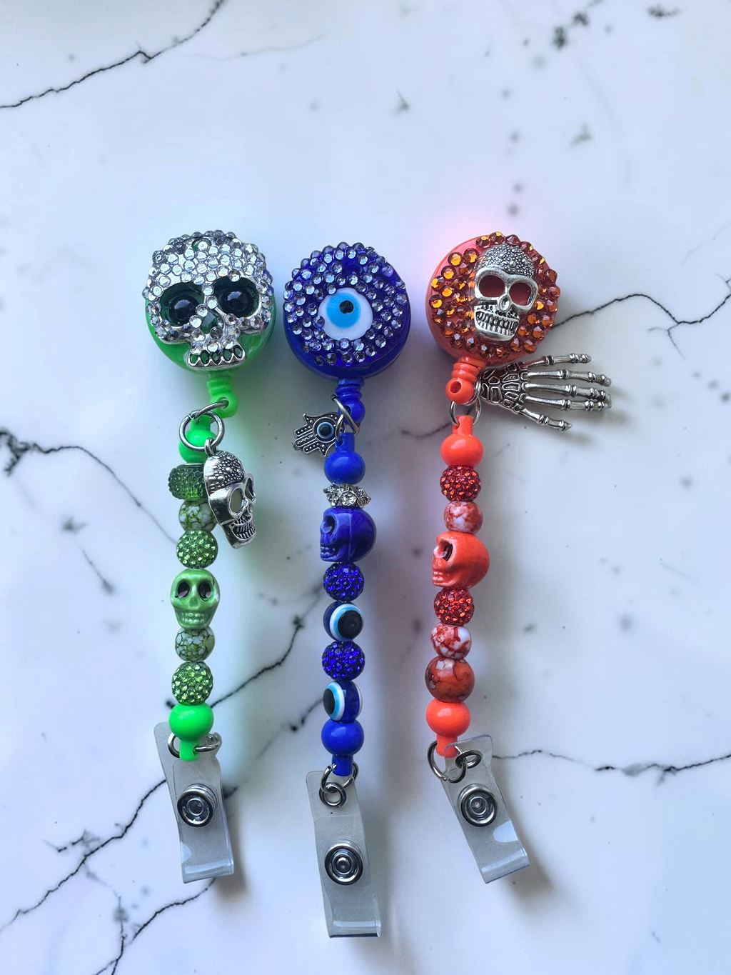 Bling Retractable Badge Reel Lanyard, Beaded Skull ID Badge Holder, Evil Eye Badge Clip, Nurse Teacher Office Gift Halloween