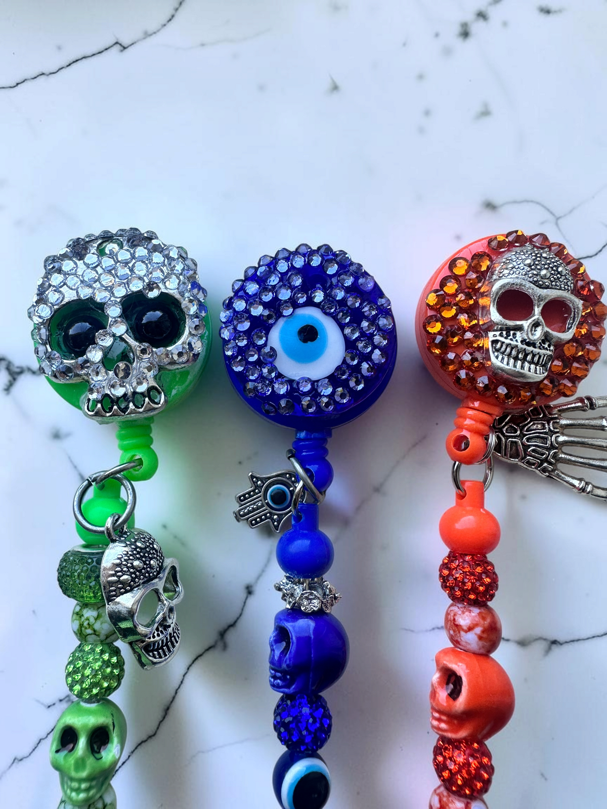 Bling Retractable Badge Reel Lanyard, Beaded Skull ID Badge Holder, Evil Eye Badge Clip, Nurse Teacher Office Gift Halloween