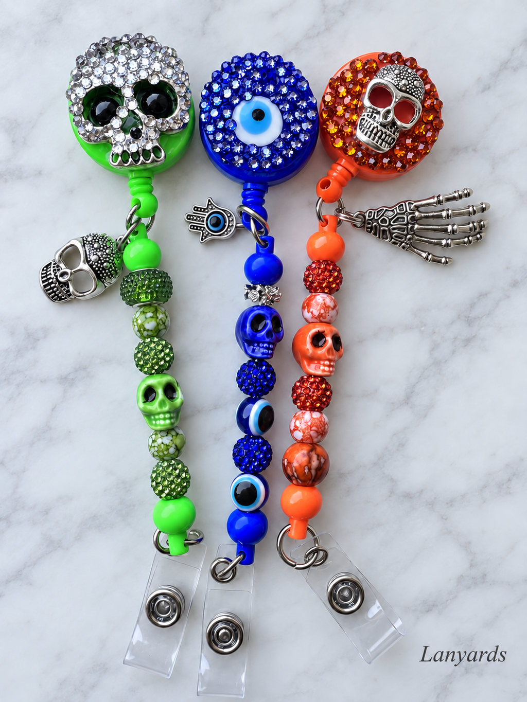 Bling Retractable Badge Reel Lanyard, Beaded Skull ID Badge Holder, Evil Eye Badge Clip, Nurse Teacher Office Gift Halloween
