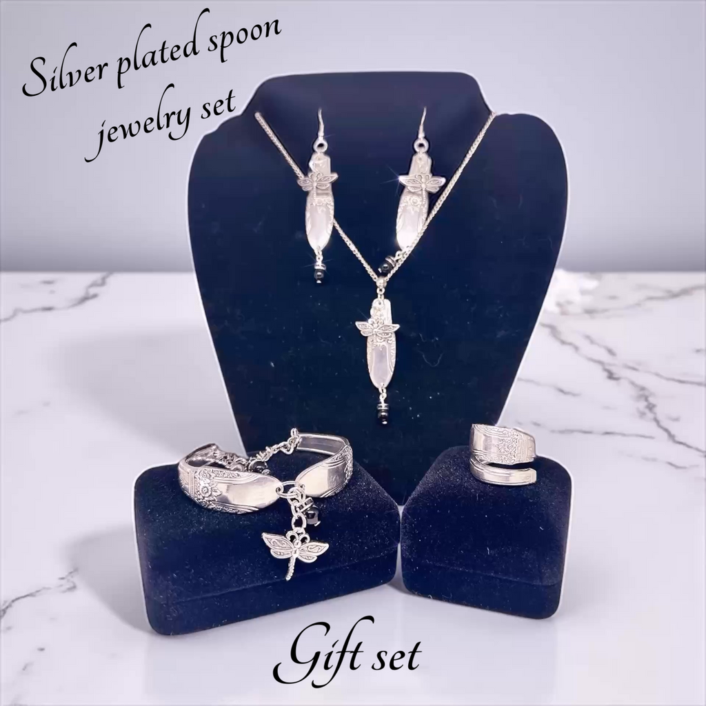 Handcrafted Upcycled Silverware Jewelry Set: Dragonfly Necklace, Earrings, Bracelet & Ring