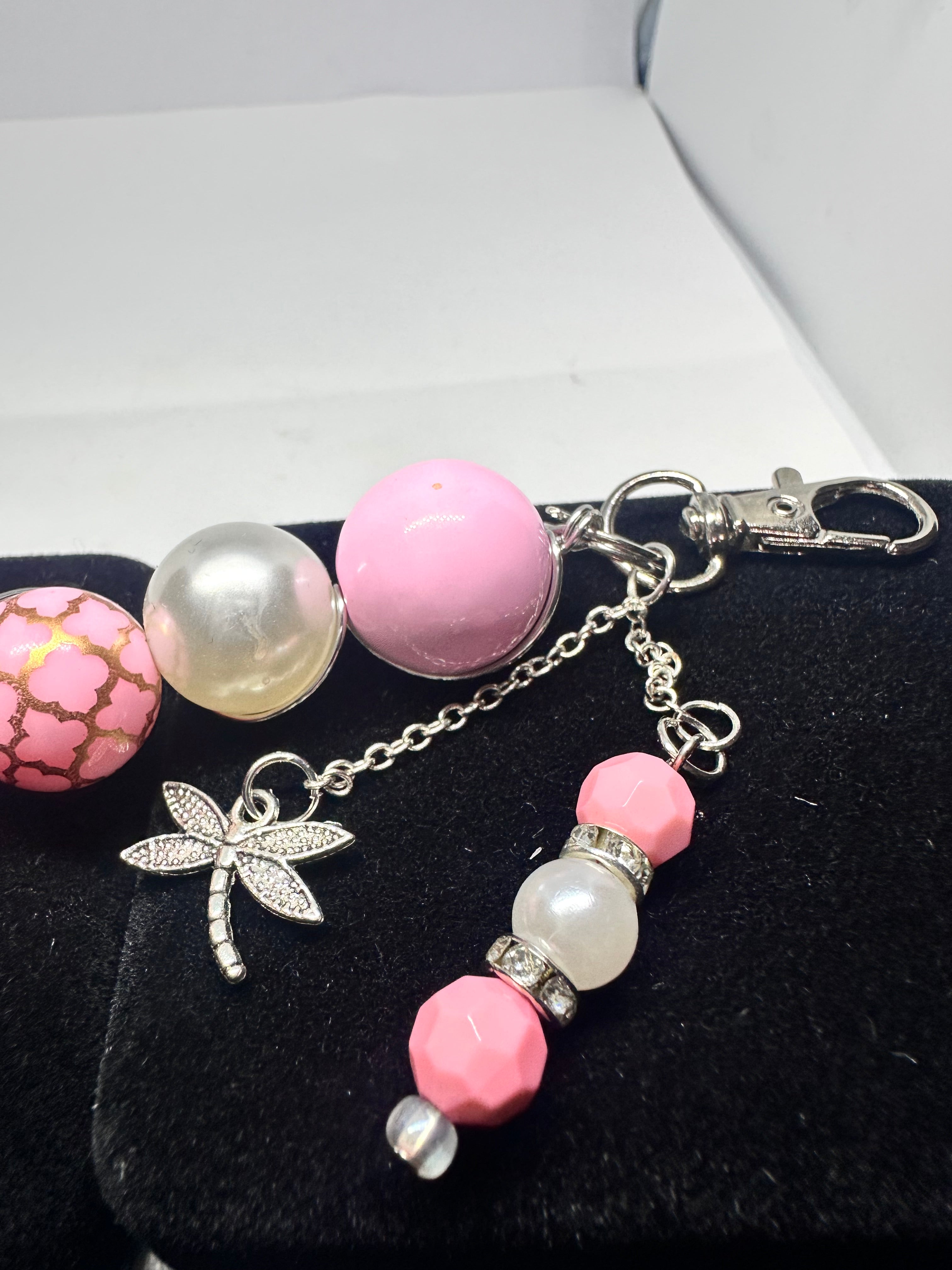 Handmade Pink Beaded Dragonfly Keychain - Wire-Wrapped Charm with Rhinestones, Perfect Gift
