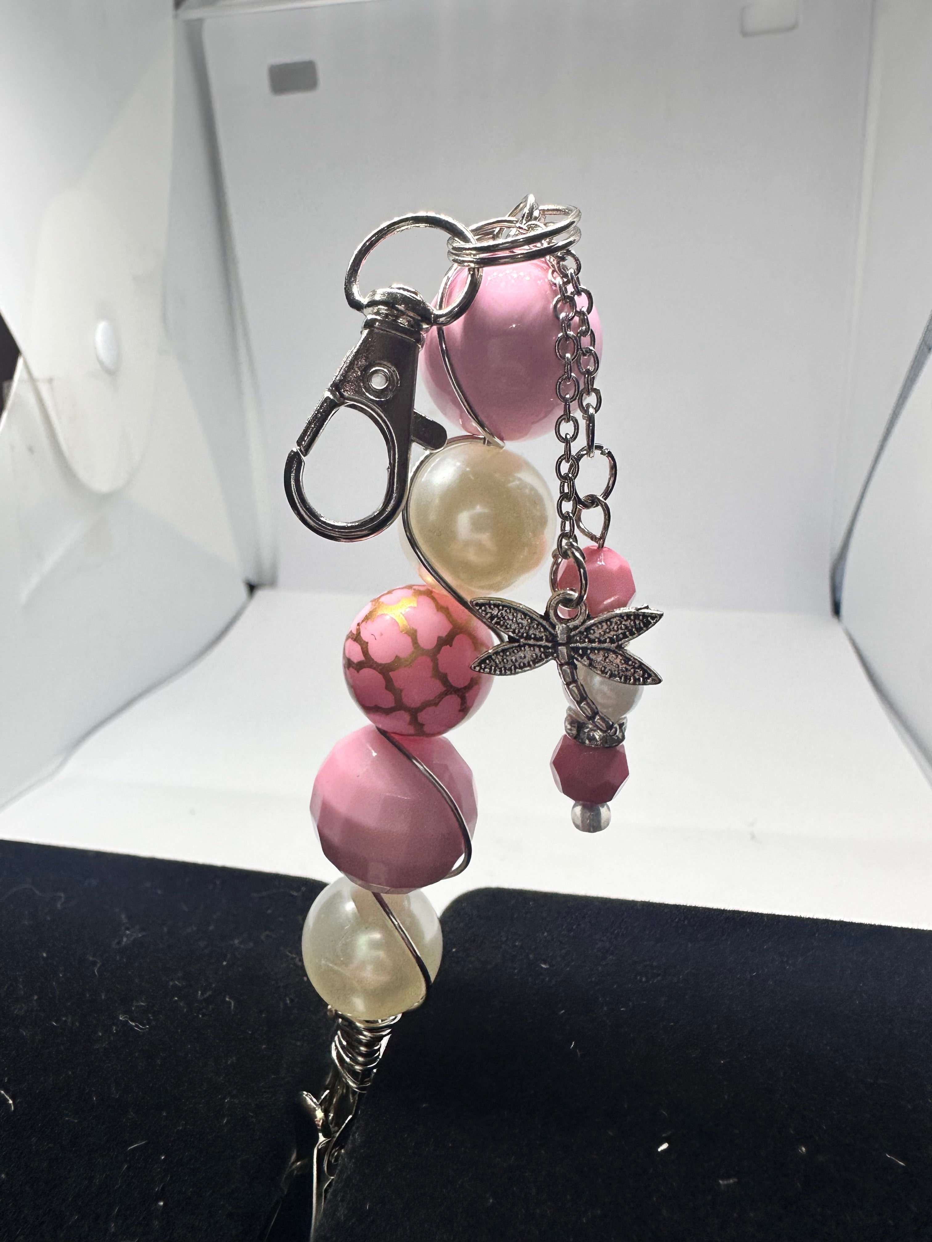 Handmade Pink Beaded Dragonfly Keychain - Wire-Wrapped Charm with Rhinestones, Perfect Gift