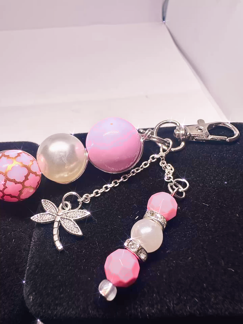 Handmade Pink Beaded Dragonfly Keychain - Wire-Wrapped Charm with Rhinestones, Perfect Gift