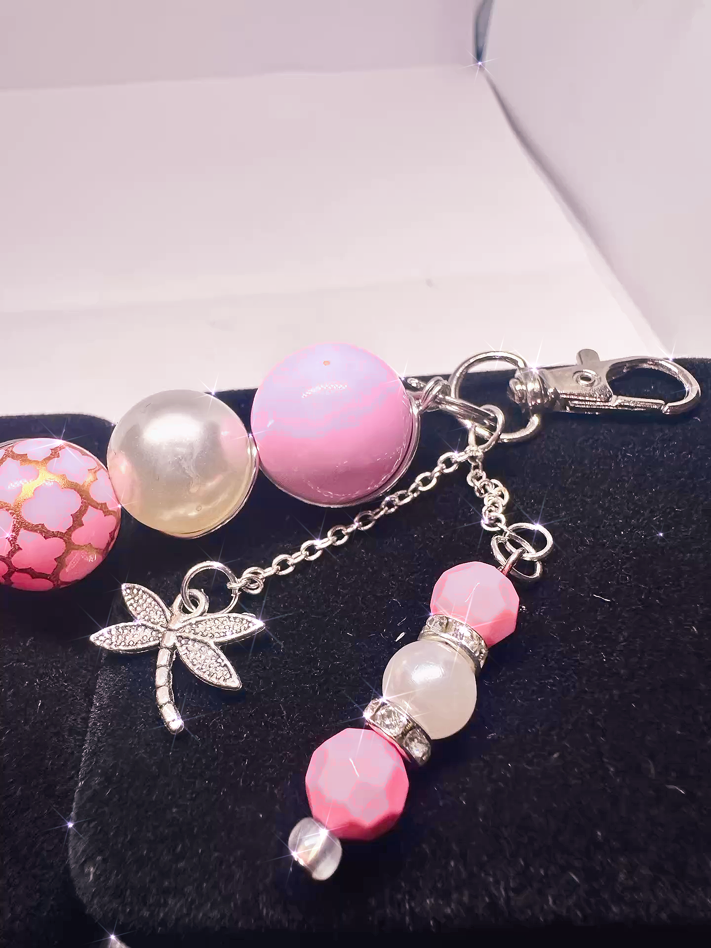 Handmade Pink Beaded Dragonfly Keychain - Wire-Wrapped Charm with Rhinestones, Perfect Gift