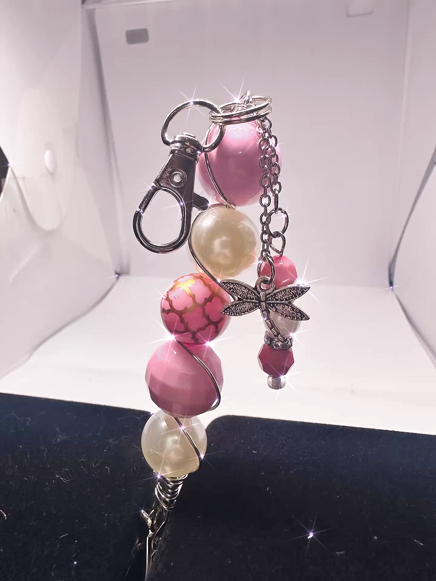 Handmade Pink Beaded Dragonfly Keychain - Wire-Wrapped Charm with Rhinestones, Perfect Gift
