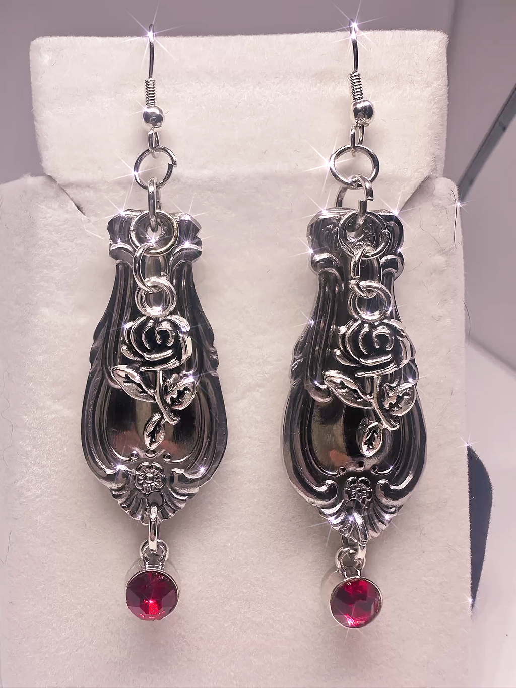 Vintage Spoon Handle Earrings with Red Crystal Dangle | Upcycled Silverware Jewelry with Rose Design