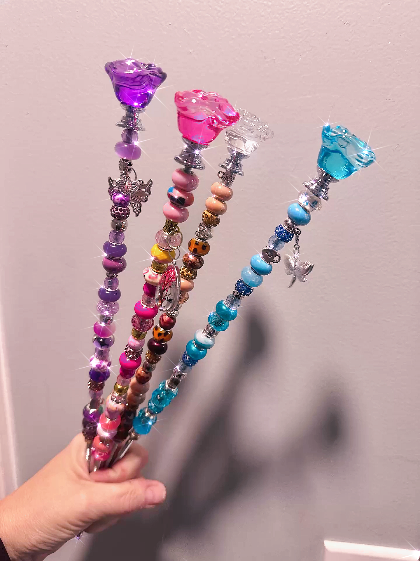 Handmade Beaded Garden Fairy Wand - Color Options: Purple, Pink, Clear, Blue - Unique Charm Styles