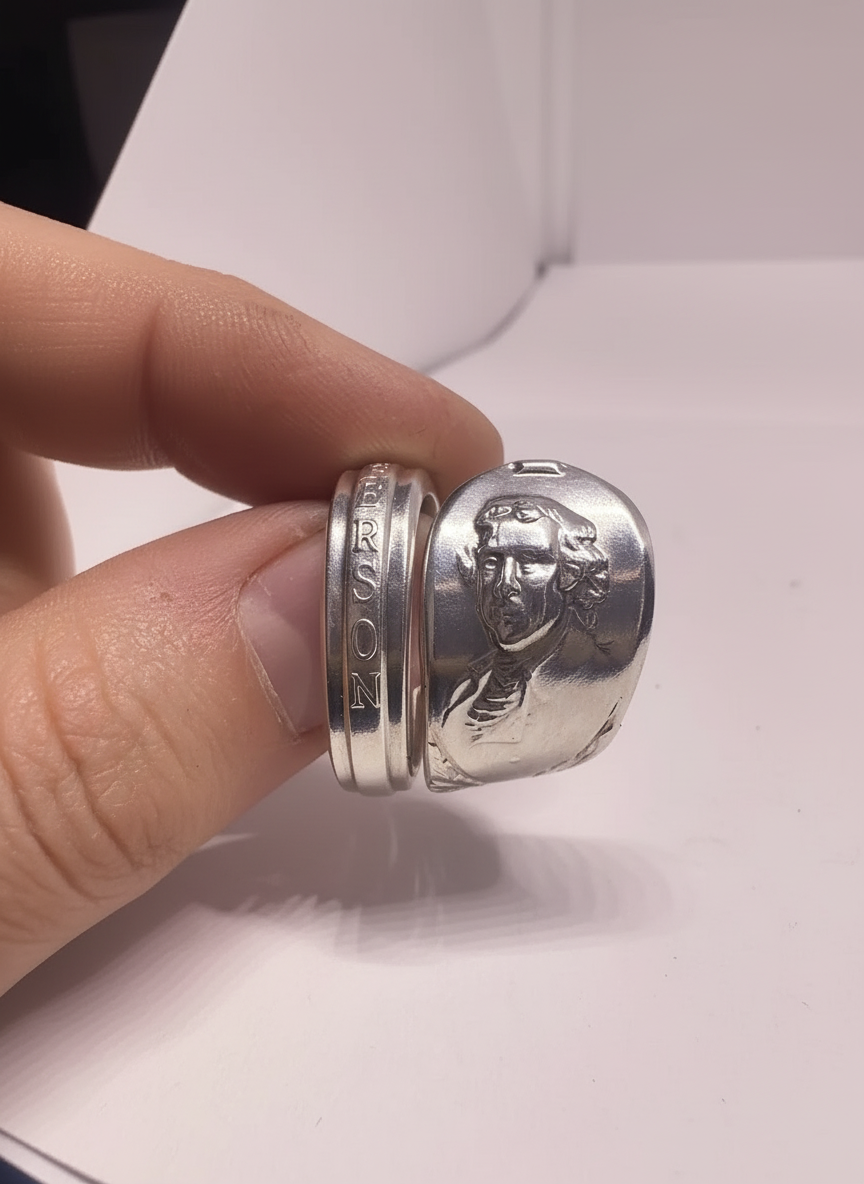 Elegant Vintage Thomas Jefferson Spoon Ring – Silver Plated with a classic wrap design, ideal for lovers of unique jewelry.