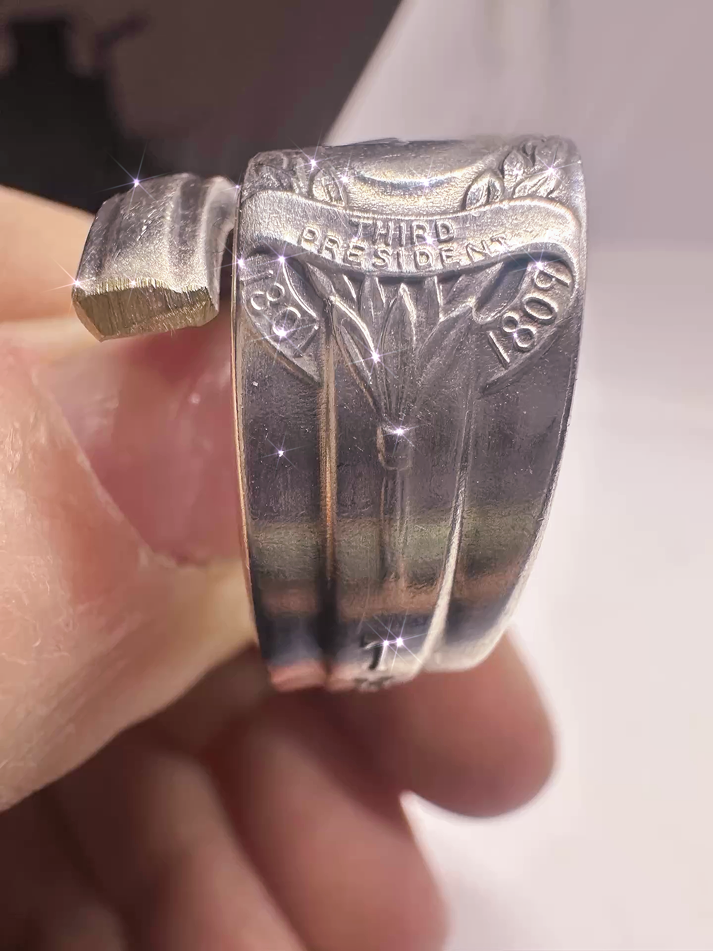 Stylish Vintage Thomas Jefferson Spoon Ring – Silver Plated, available as an open band or thumb ring, perfect for anyone who appreciates history and unique accessories.