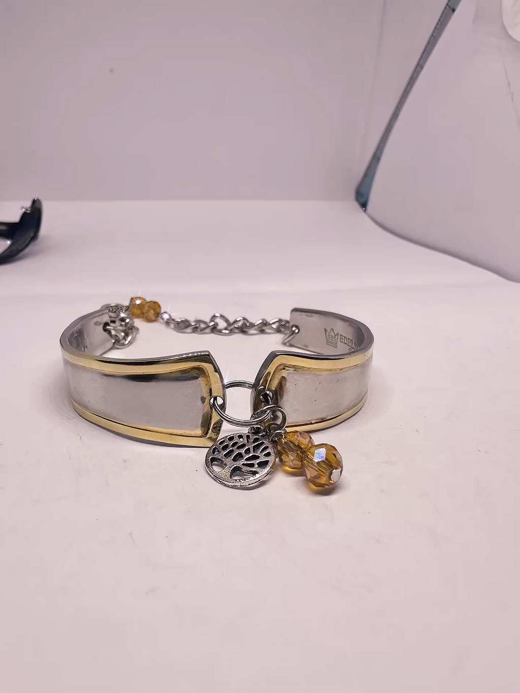 The Upcycled Goldspoon & Crystal Bead Bracelet in a gift-ready box, making it an exquisite present for fans of gold spoon bracelet designs.