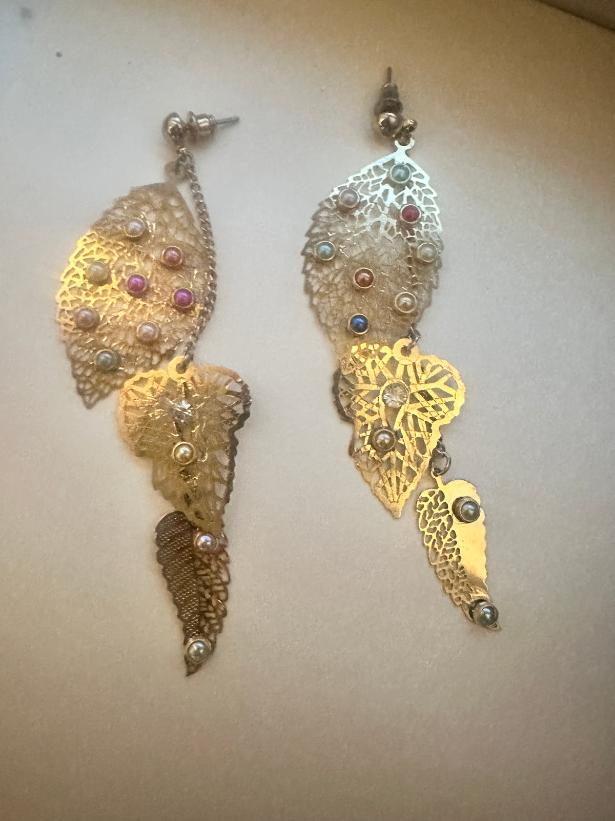 Vintage Gold Tone Leaf Earrings, dainty cute earrings Handmade Pearl Statement Earrings, Upcycled Filigree Dangle One of a Kind