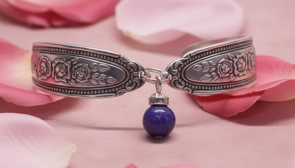 Amethyst Spoon Bracelet featuring a vintage floral engraving and a stunning deep purple amethyst cabochon, elegantly displayed on a soft fabric background.