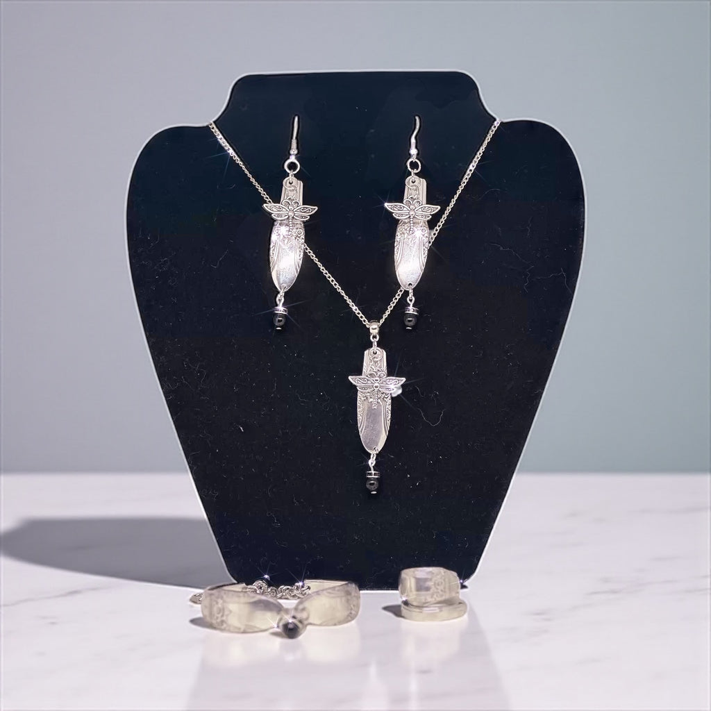 Handcrafted Upcycled Silverware Jewelry Set: Dragonfly Necklace, Earrings, Bracelet & Ring