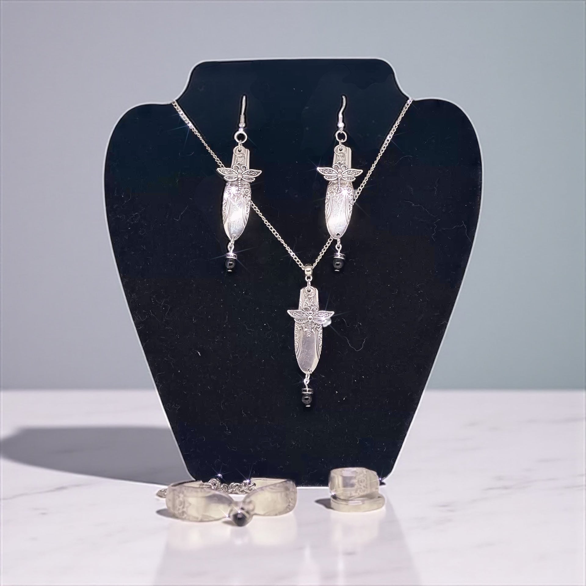 Handcrafted Upcycled Silverware Jewelry Set: Dragonfly Necklace, Earrings, Bracelet & Ring