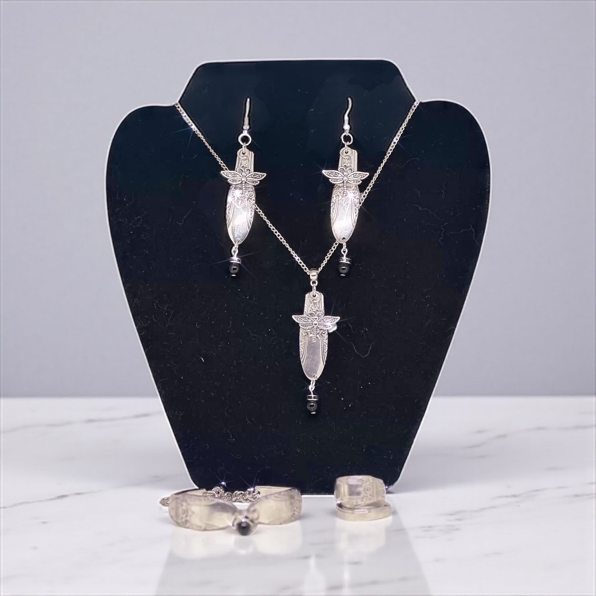 Handcrafted Upcycled Silverware Jewelry Set: Dragonfly Necklace, Earrings, Bracelet & Ring