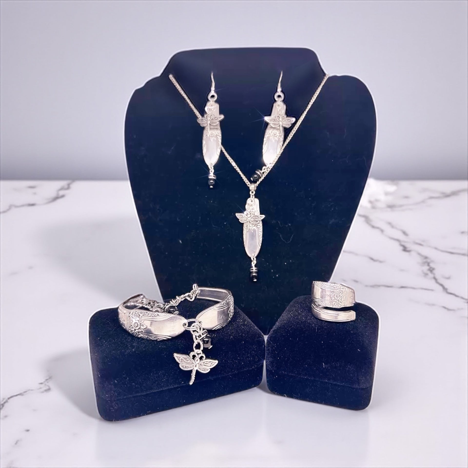Handcrafted Upcycled Silverware Jewelry Set: Dragonfly Necklace, Earrings, Bracelet & Ring