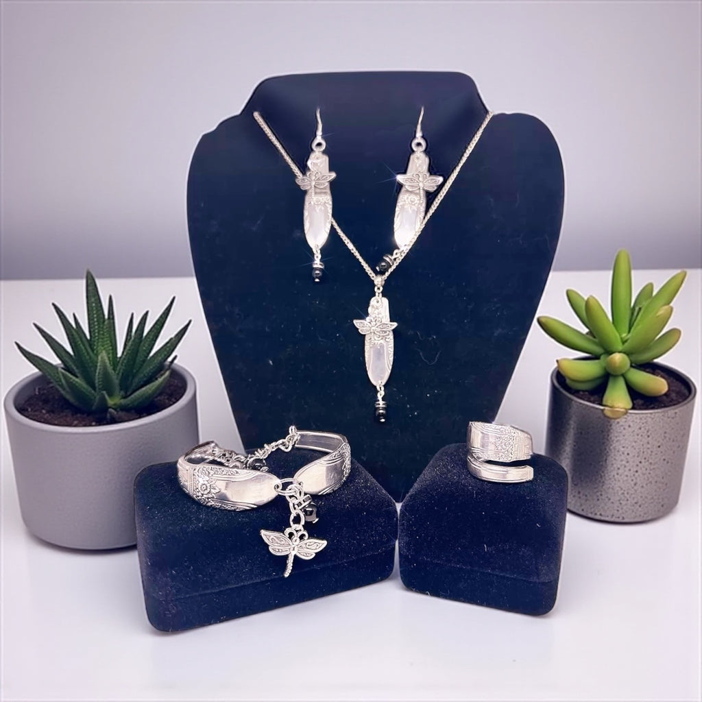 Handcrafted Upcycled Silverware Jewelry Set: Dragonfly Necklace, Earrings, Bracelet & Ring