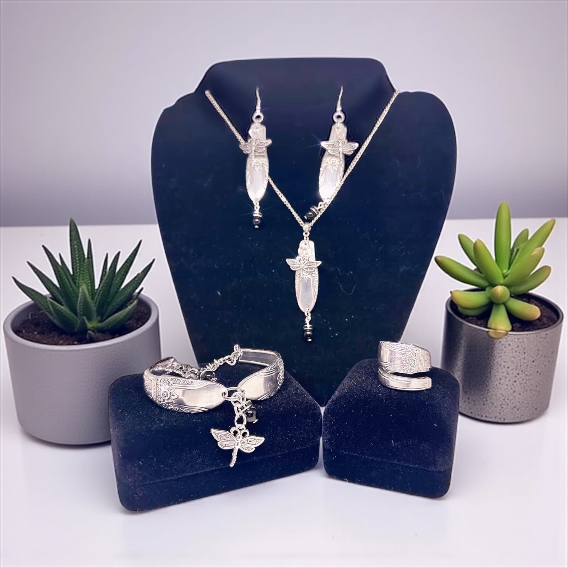 Handcrafted Upcycled Silverware Jewelry Set: Dragonfly Necklace, Earrings, Bracelet & Ring