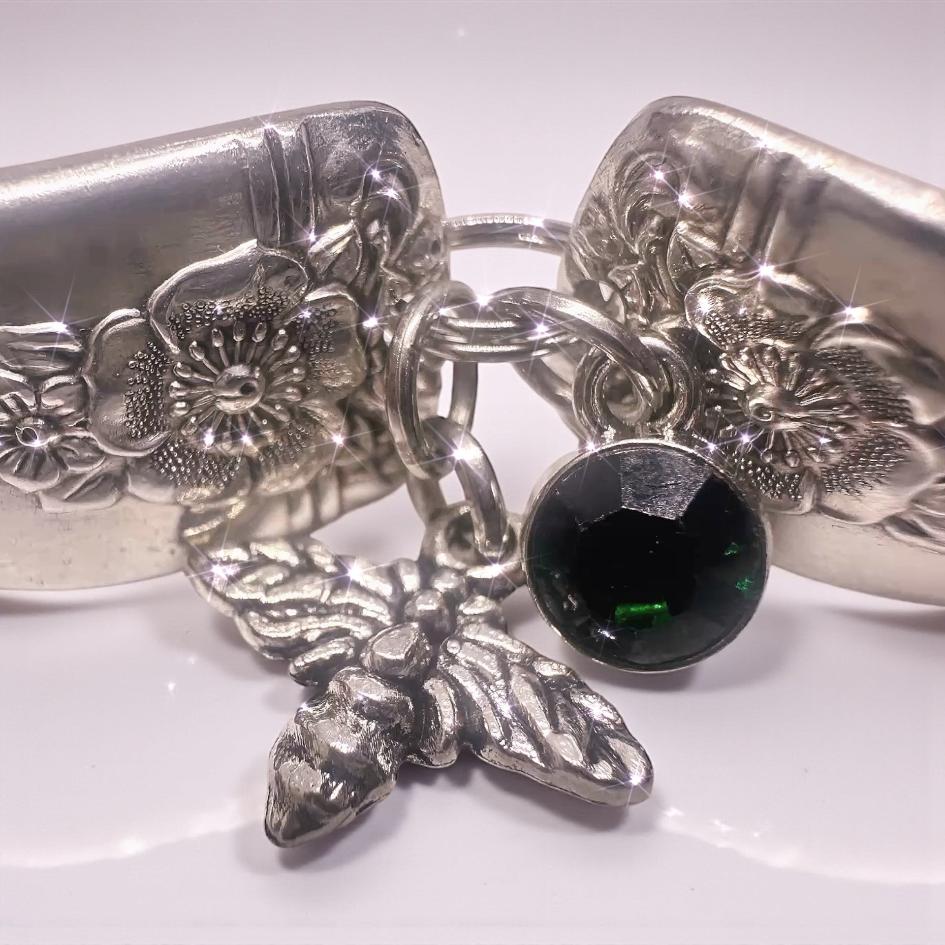 Handmade Vintage Floral Spoon Bracelet with Adjustable Chain, Bee Charm & Black Gem