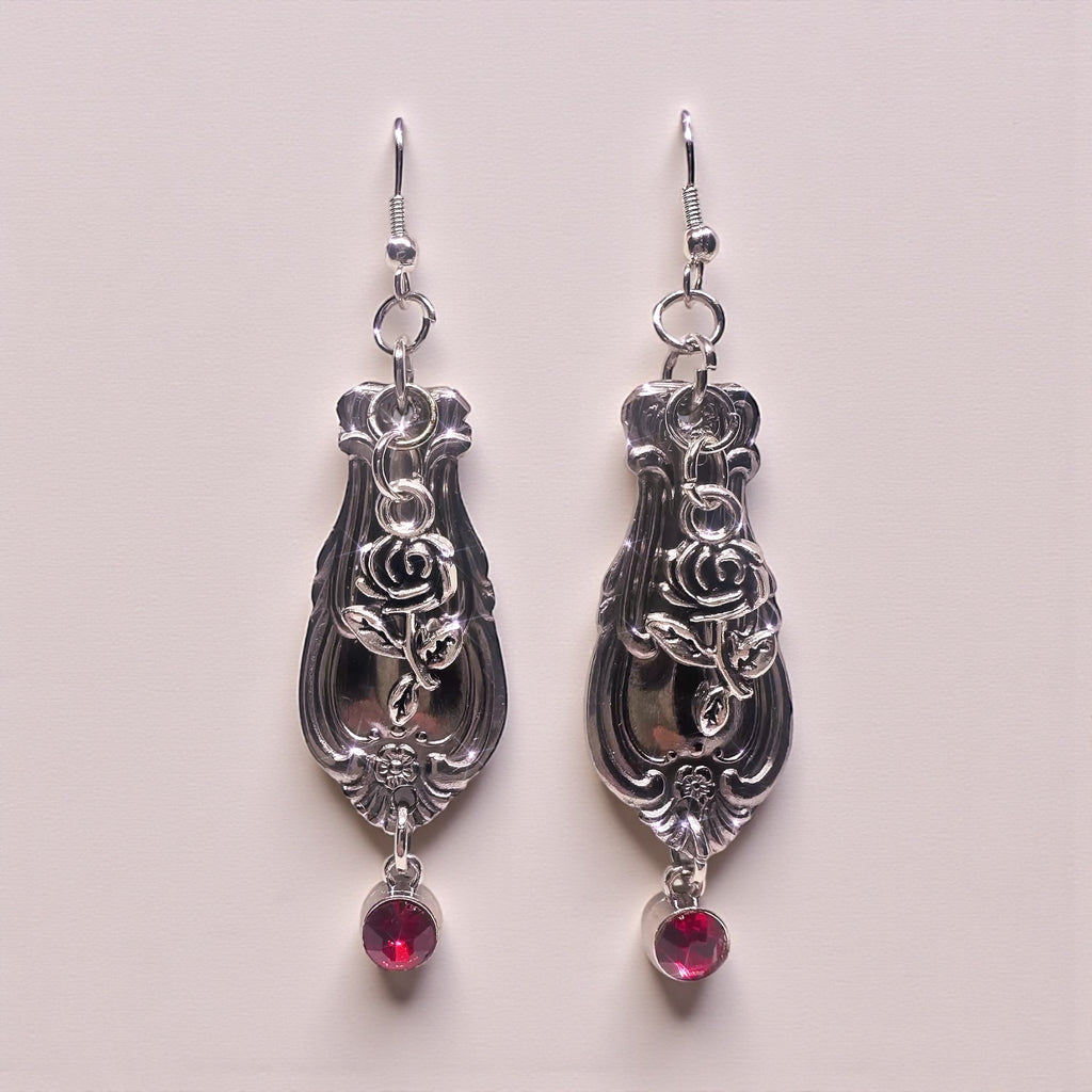Vintage Spoon Handle Earrings with Red Crystal Dangle | Upcycled Silverware Jewelry with Rose Design