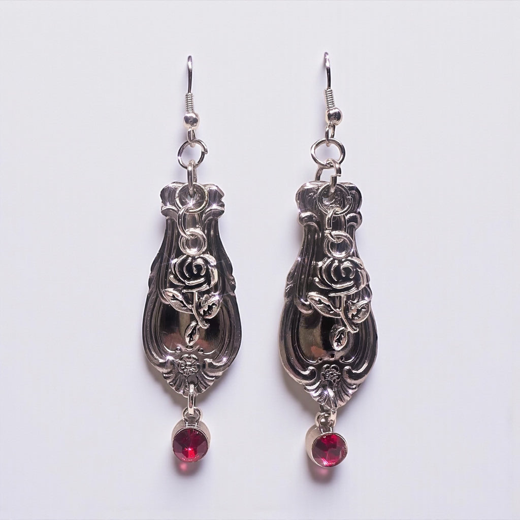 Vintage Spoon Handle Earrings with Red Crystal Dangle | Upcycled Silverware Jewelry with Rose Design