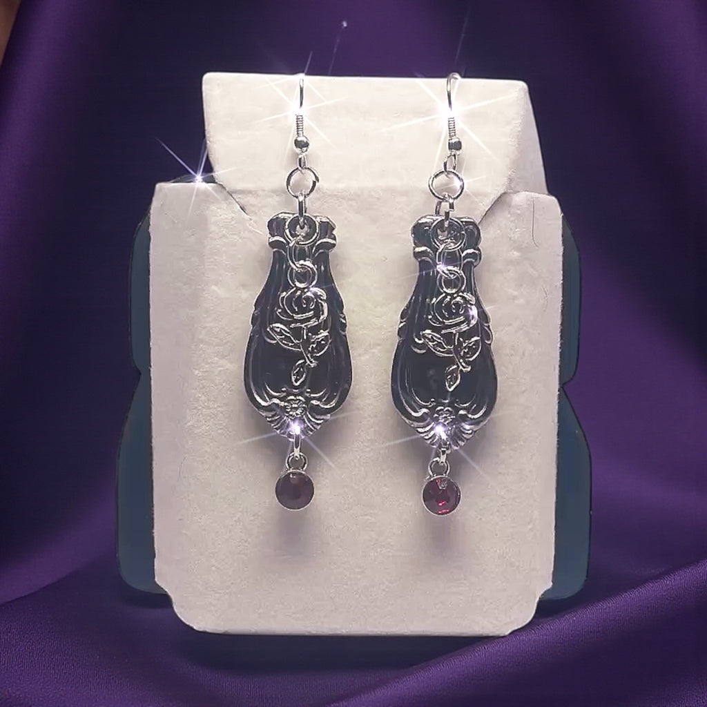 Vintage Spoon Handle Earrings with Red Crystal Dangle | Upcycled Silverware Jewelry with Rose Design
