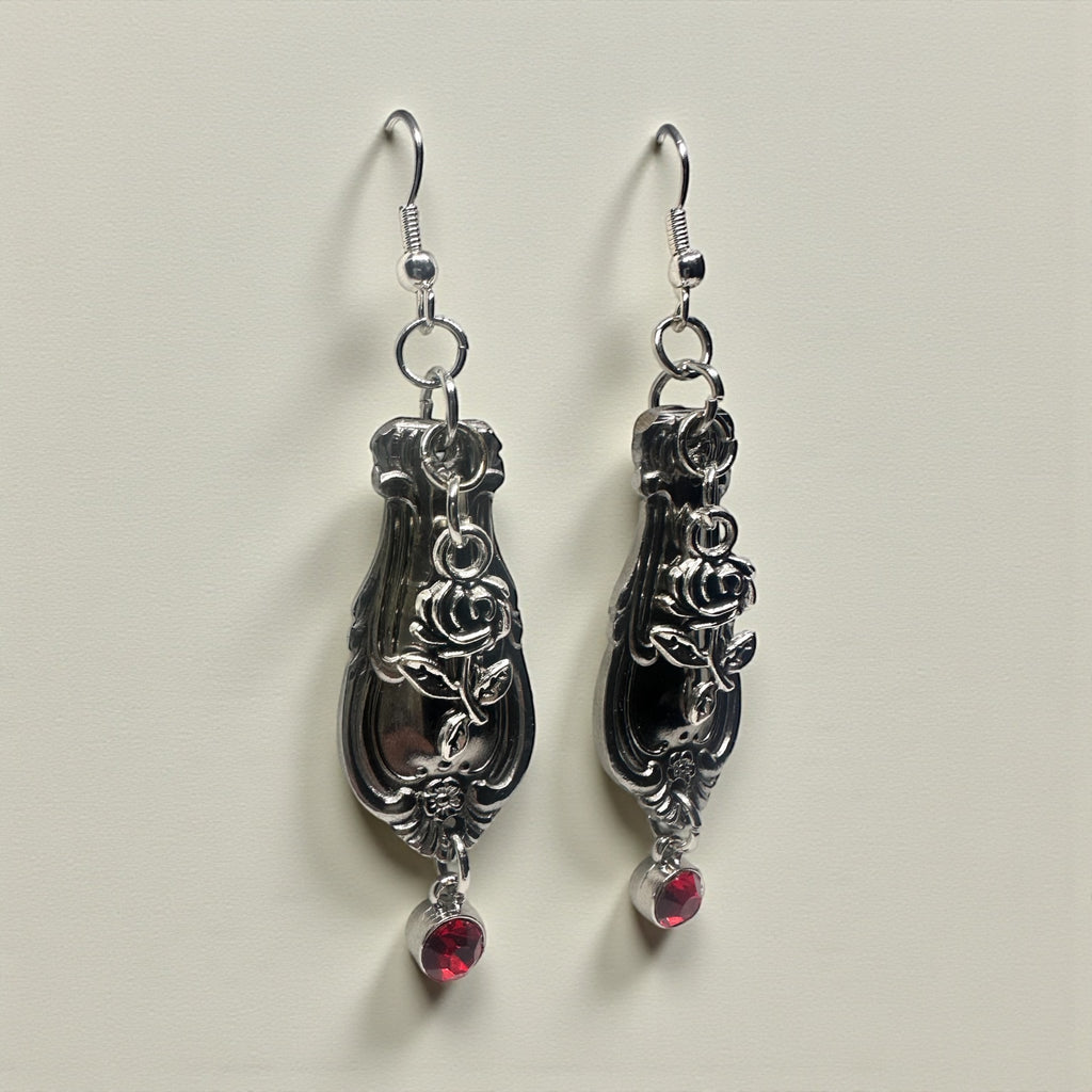 Vintage Spoon Handle Earrings with Red Crystal Dangle | Upcycled Silverware Jewelry with Rose Design