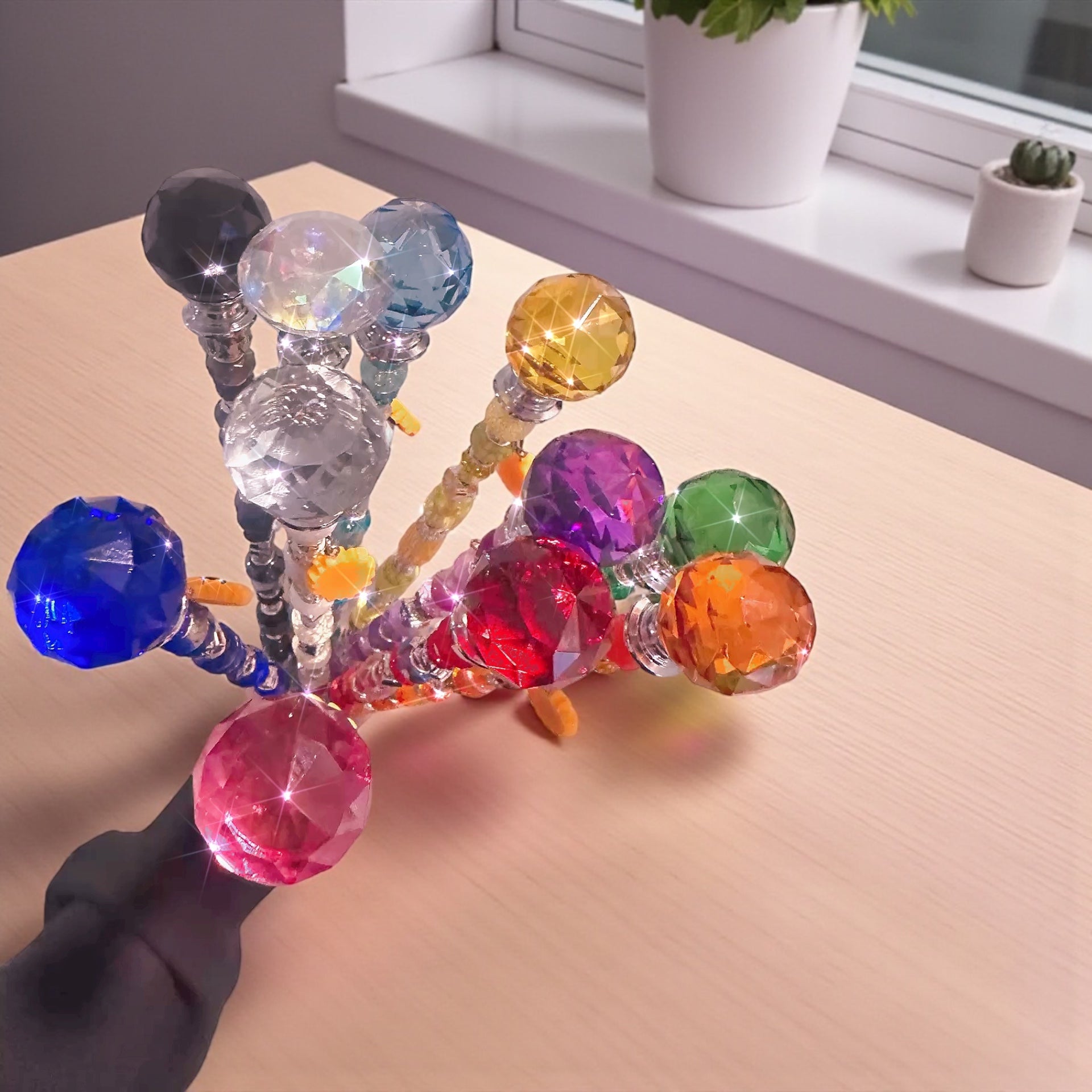 Brightly colored Garden Fairy Wands displayed on a wooden table, showcasing their unique bead arrangements and crystal tops. These handmade decorative plant stakes are perfect for any plant enthusiast.