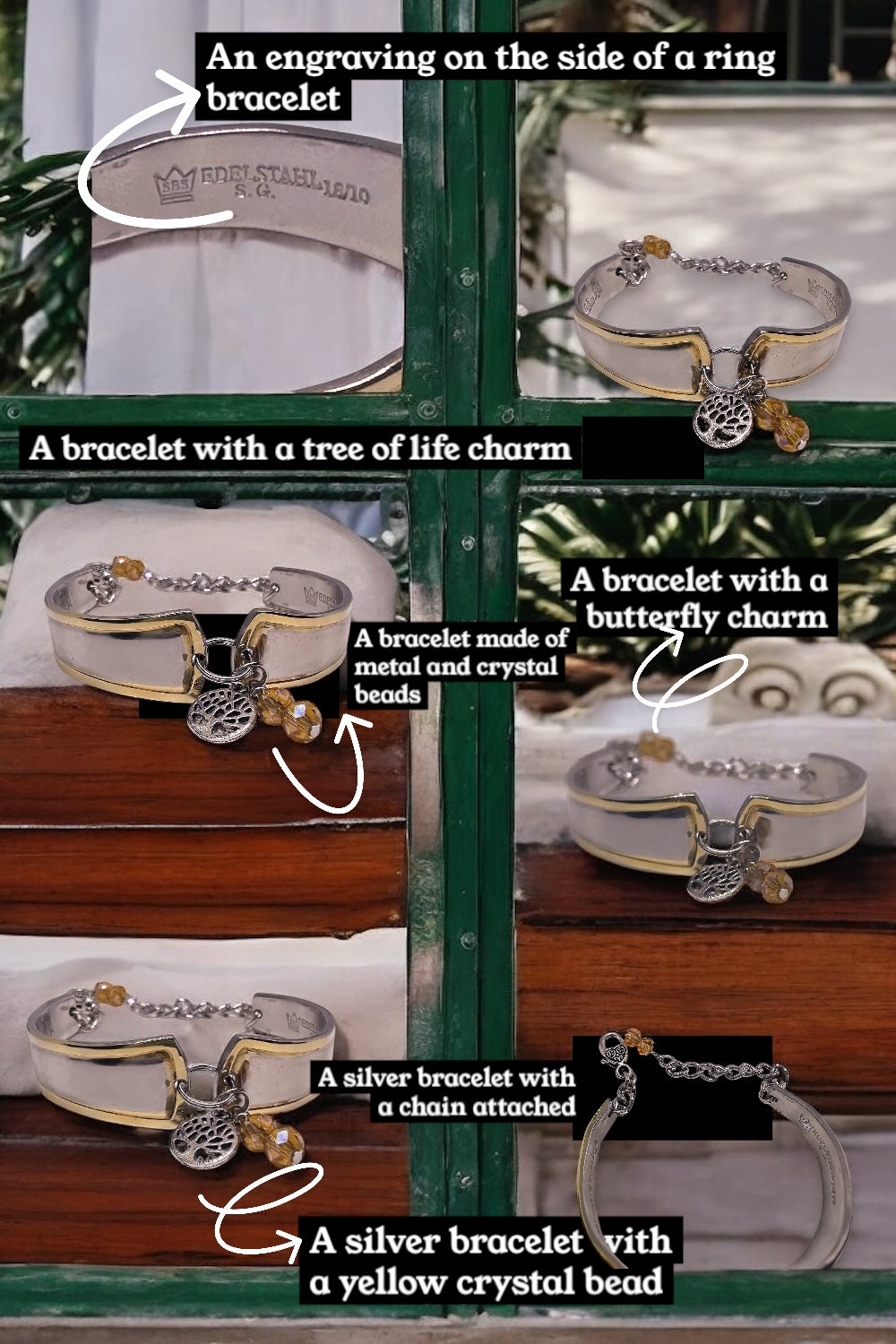 The Upcycled Goldspoon & Crystal Bead Bracelet with a silver lobster clasp, a showcase of sustainability in a gold spoon bracelet.