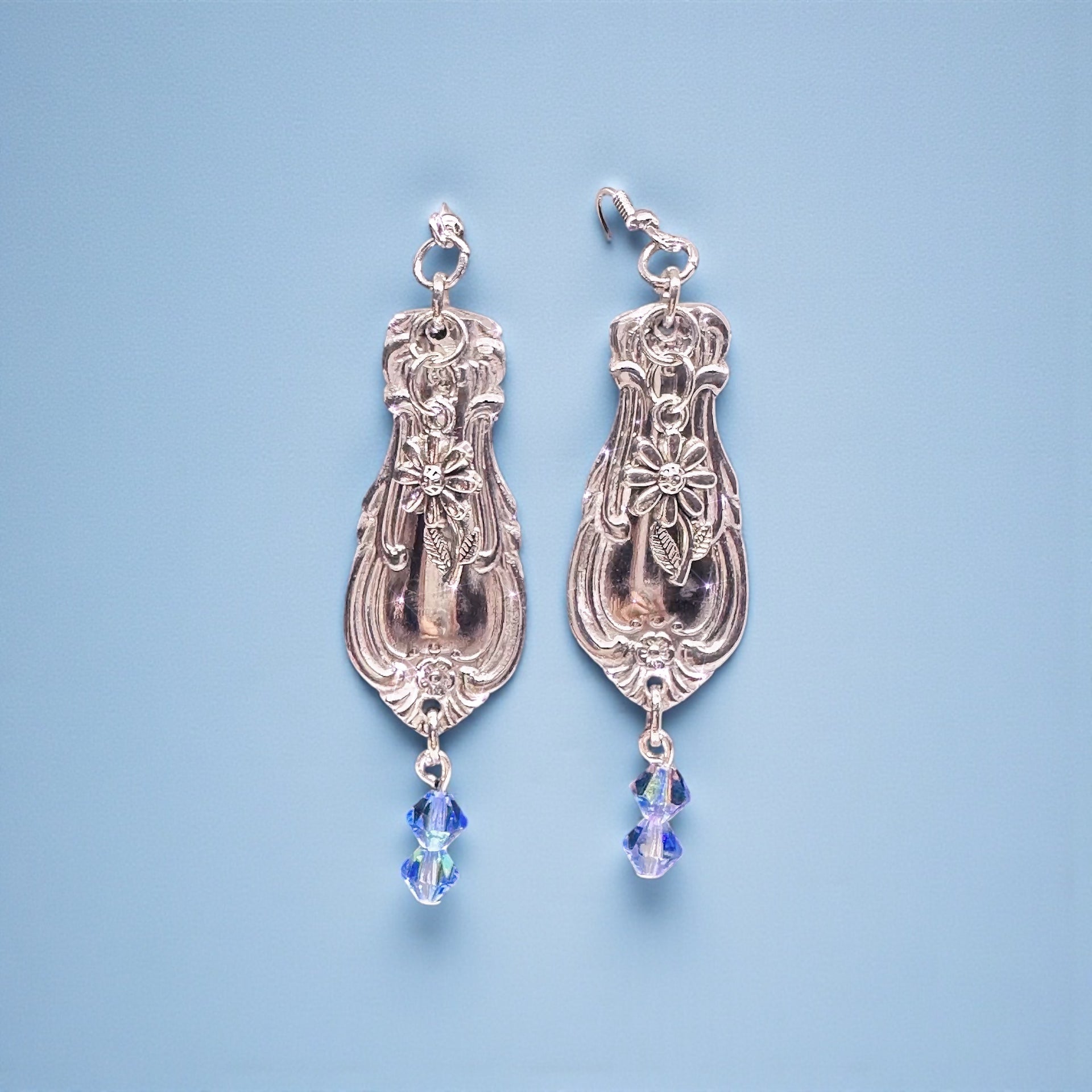 Upcycled Silver Spoon Handle Earrings with Blue Crystal Dangles — Vintage Floral Jewelry Gift
