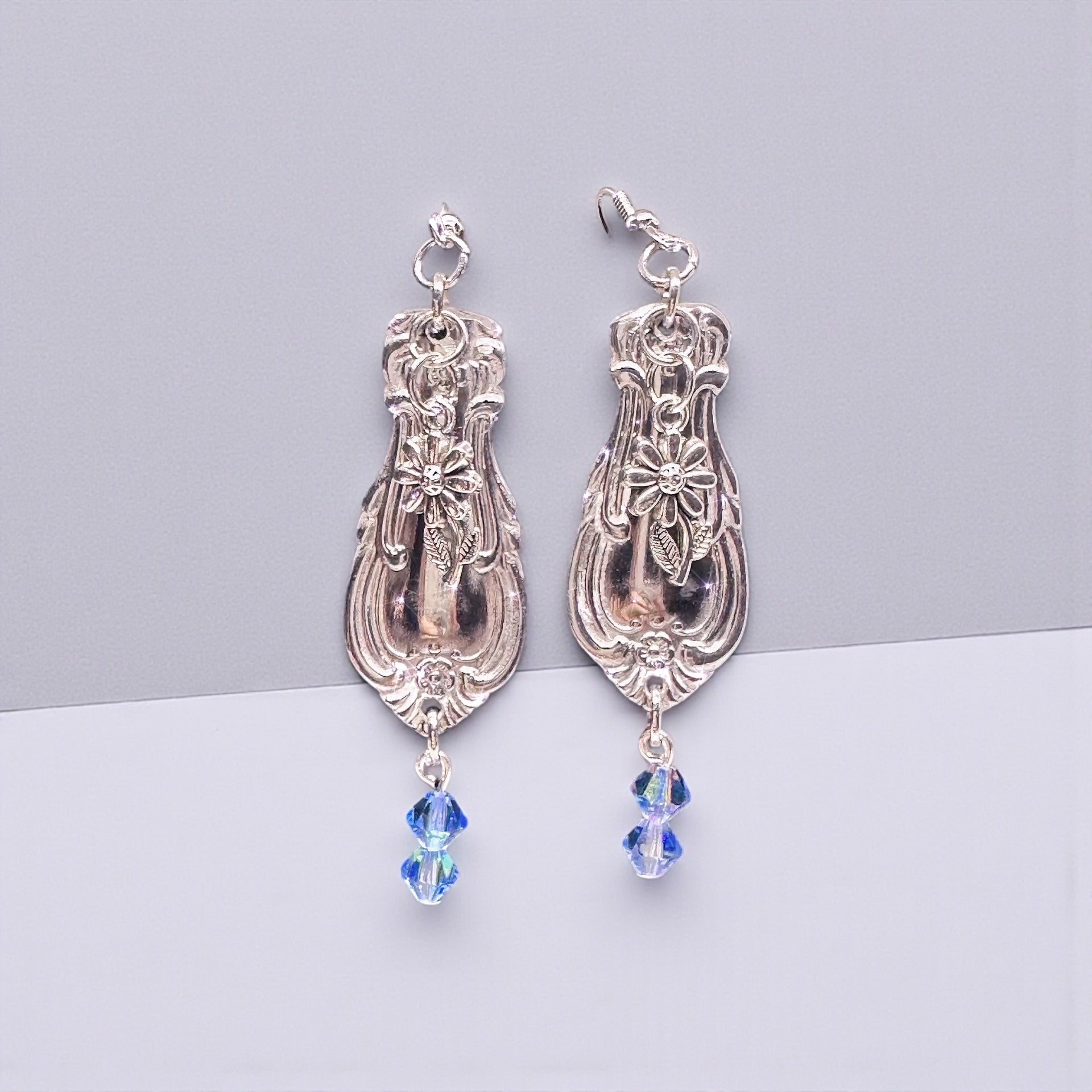 Upcycled Silver Spoon Handle Earrings with Blue Crystal Dangles — Vintage Floral Jewelry Gift