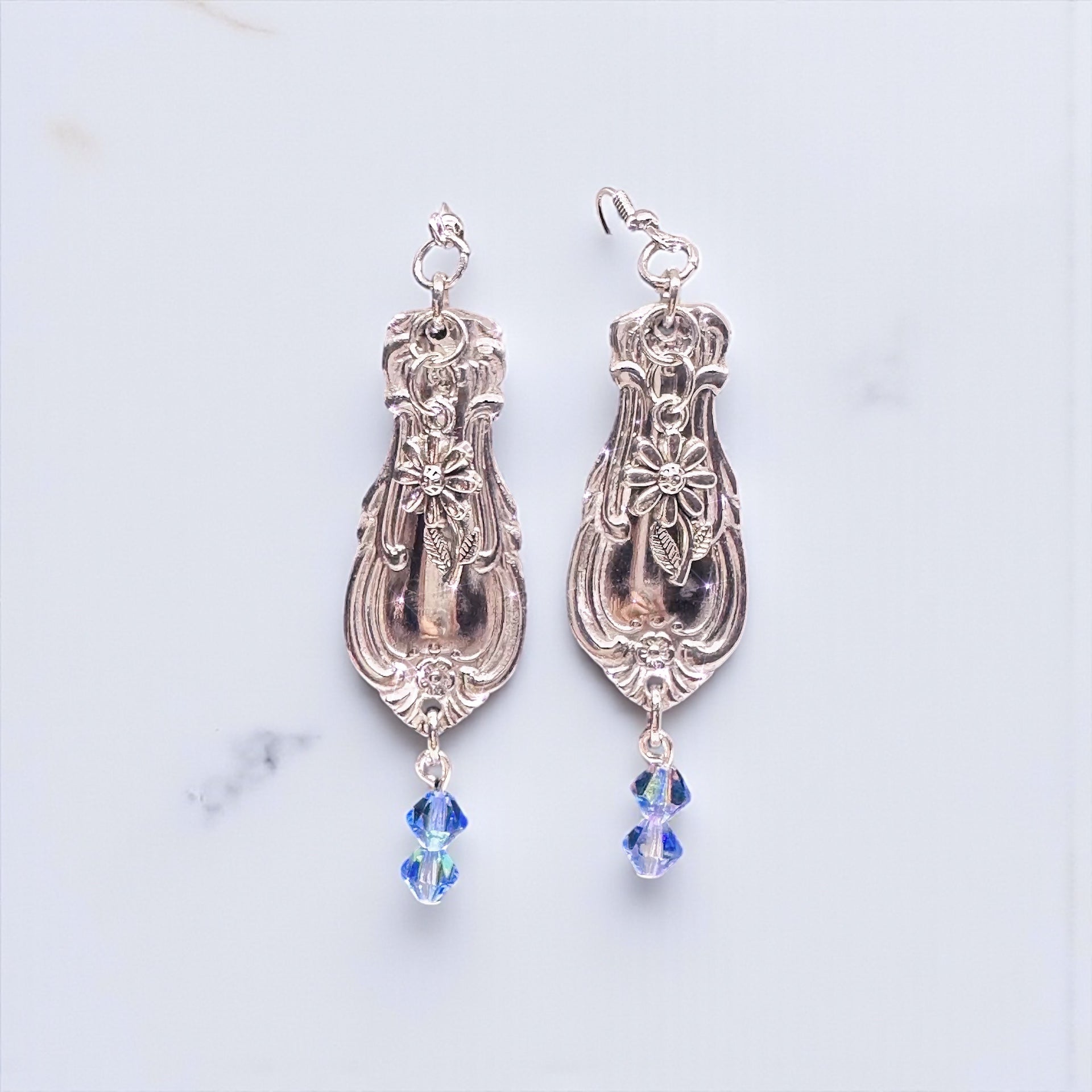 Upcycled Silver Spoon Handle Earrings with Blue Crystal Dangles — Vintage Floral Jewelry Gift