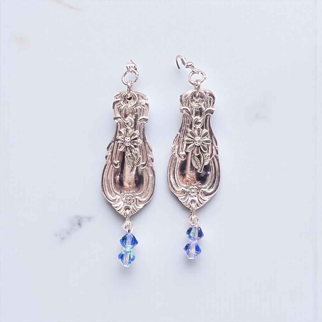 Upcycled Silver Spoon Handle Earrings with Blue Crystal Dangles — Vintage Floral Jewelry Gift