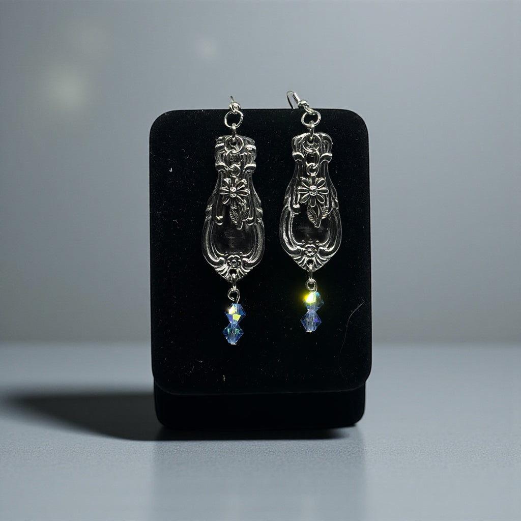 Upcycled Silver Spoon Handle Earrings with Blue Crystal Dangles — Vintage Floral Jewelry Gift