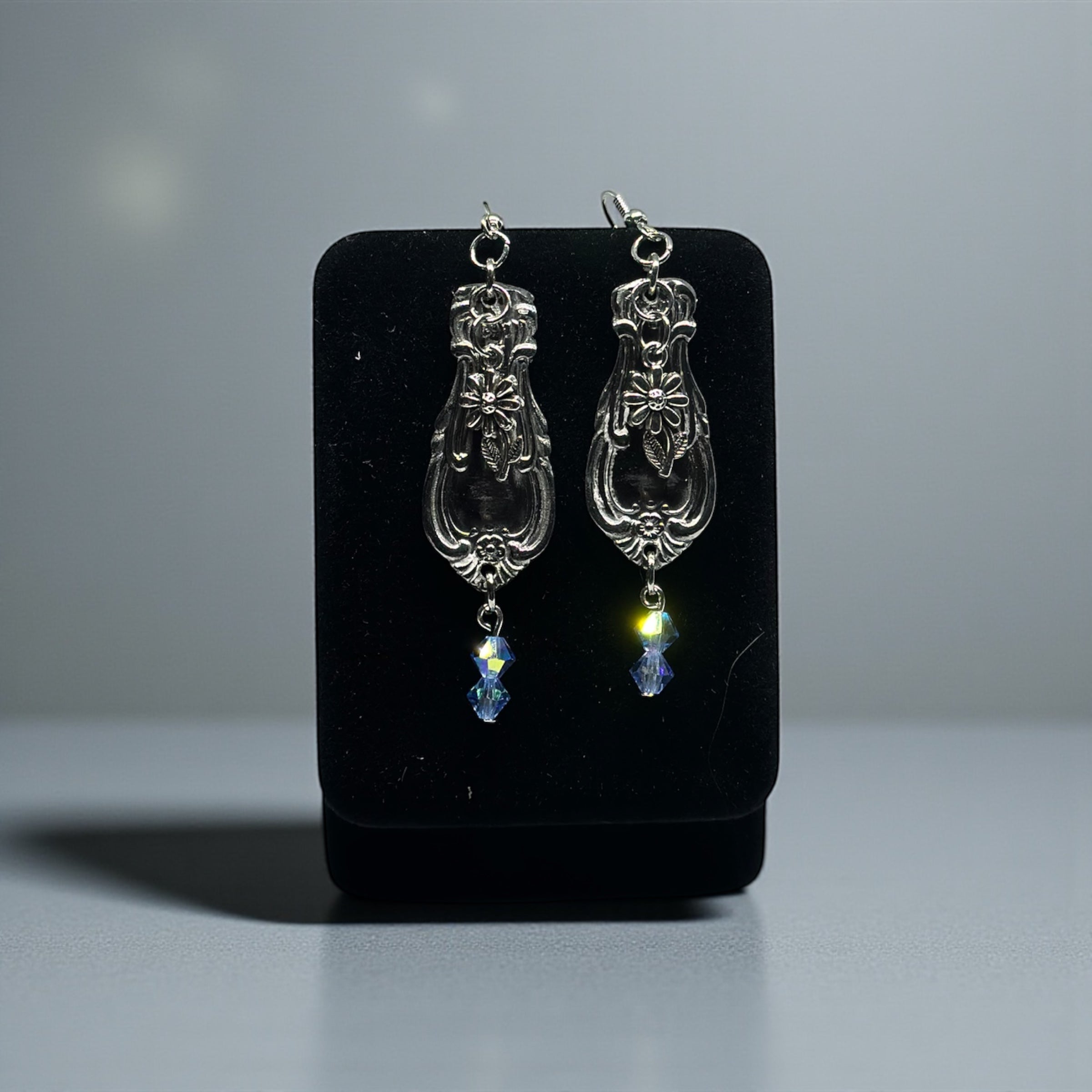 Upcycled Silver Spoon Handle Earrings with Blue Crystal Dangles — Vintage Floral Jewelry Gift