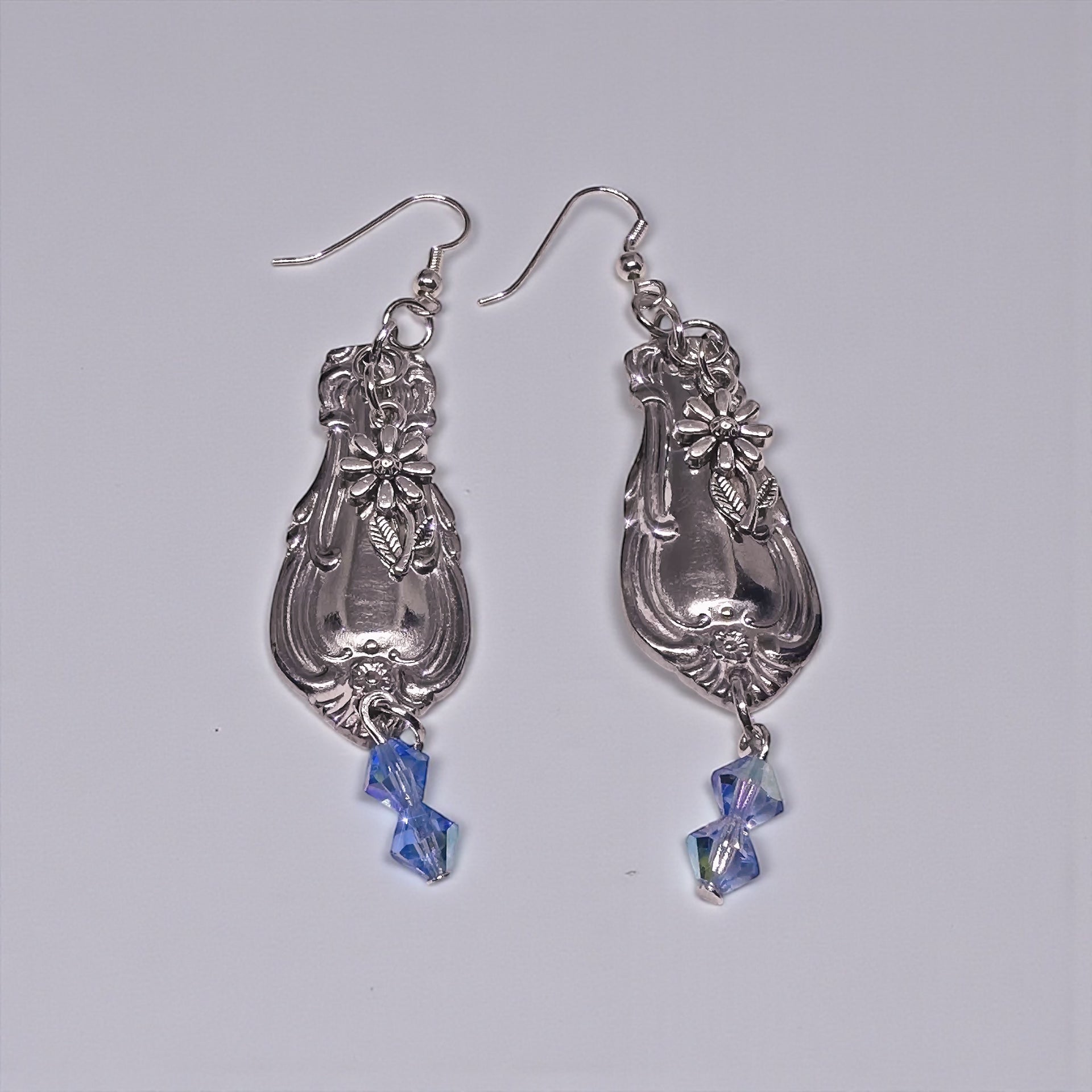 Upcycled Silver Spoon Handle Earrings with Blue Crystal Dangles — Vintage Floral Jewelry Gift