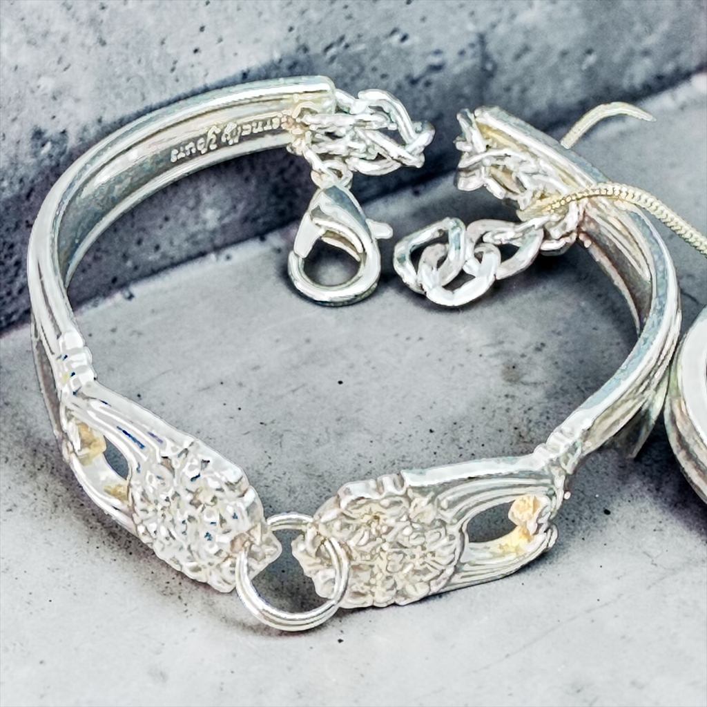 Eternally Yours” Spoon Jewelry Set – Vintage Floral Heart Bracelet, Earrings & Pendant | Upcycled Silverware Collection